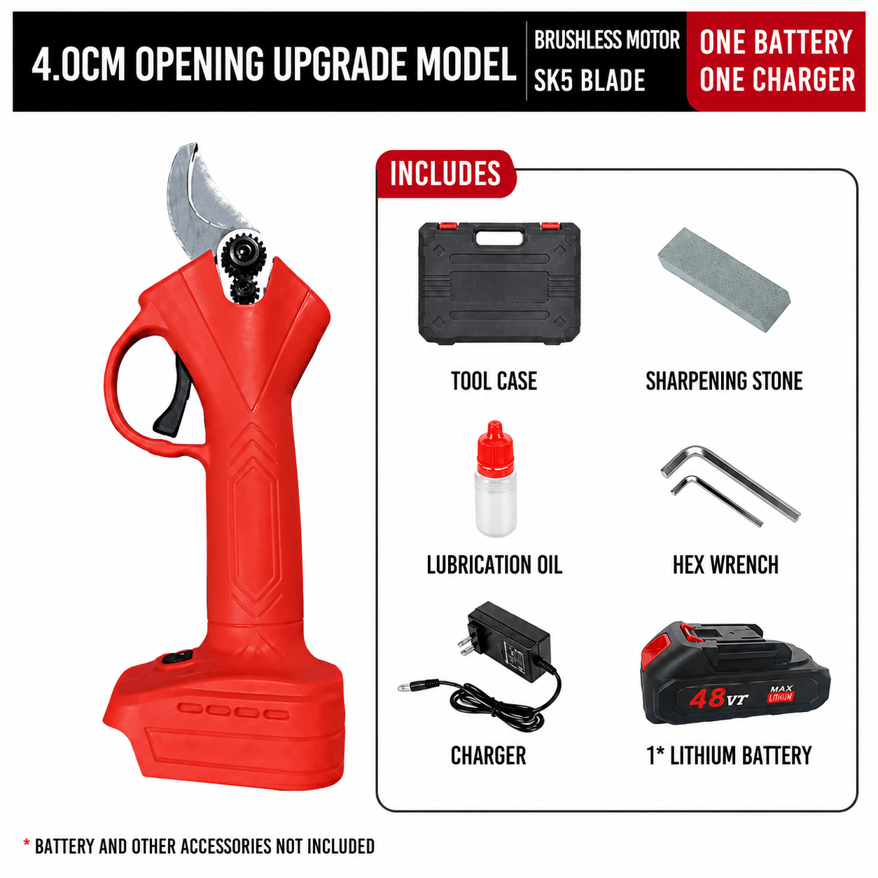 2.5CM Cordless Electric Pruning Shear with 1 Battery and 1 Charger